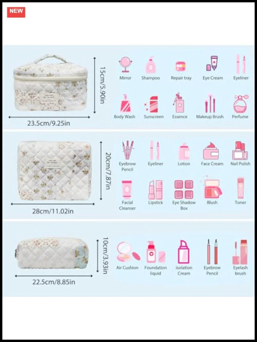 Cotton Quilted Makeup Bag Set Large Travel Cosmetic Bag Toiletry Organizer 3pcs